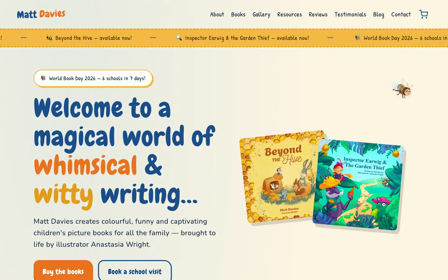The Matt Davies author site home page, with two picture book covers.