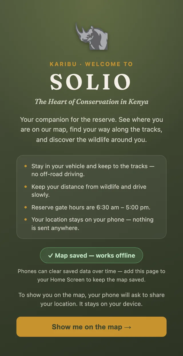 The Solio Reserve Companion welcome screen on a phone, confirming the map is saved for offline use.