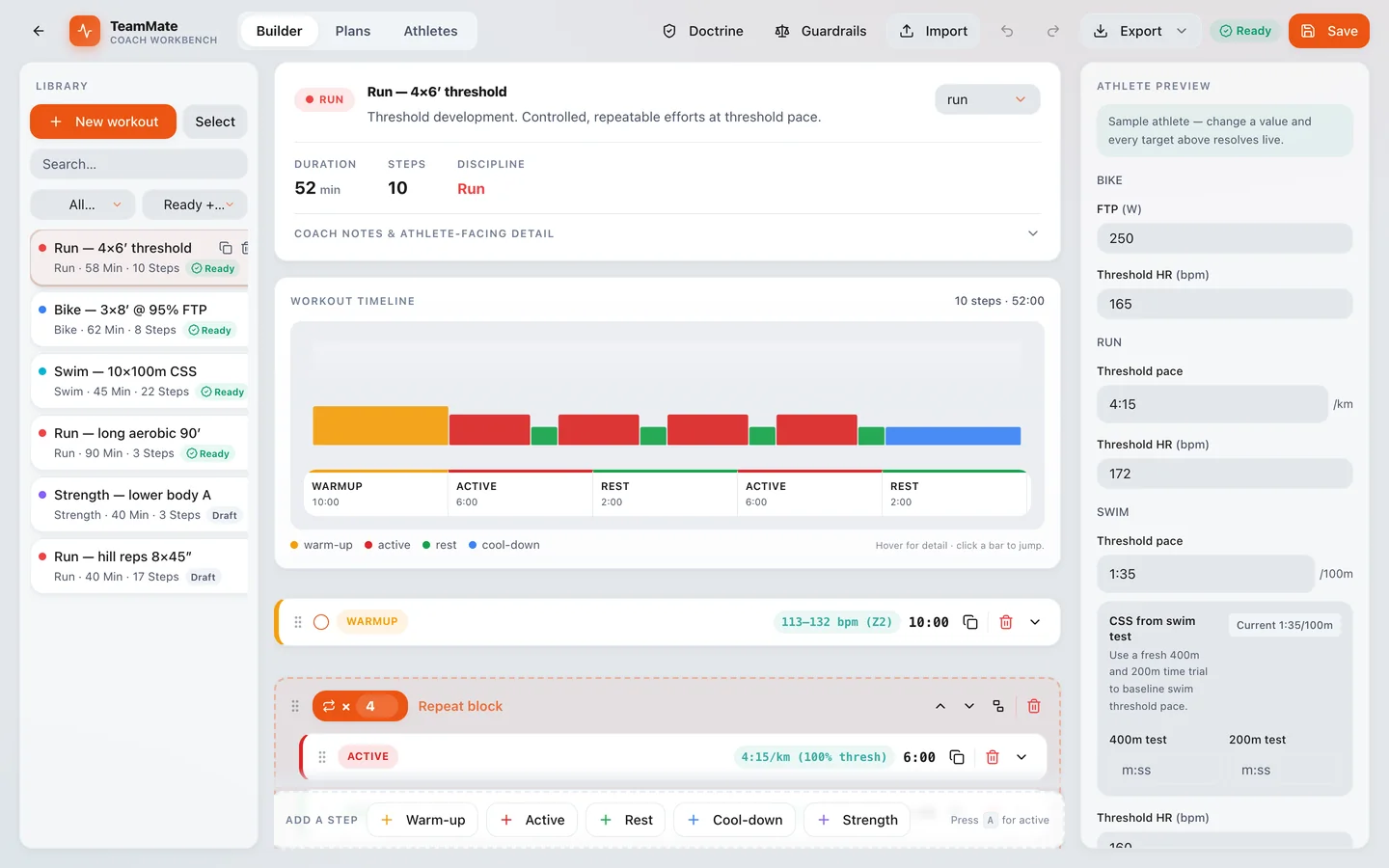 Workout builder: coaches build a session step by step, see it as a timeline, and check the targets against a sample athlete.