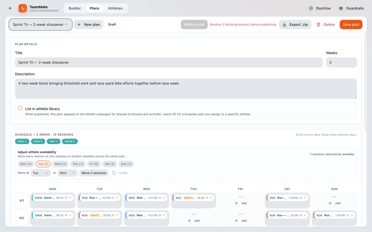 Plan composer: sessions laid out week by week, dragged between days, then published to the athlete library.
