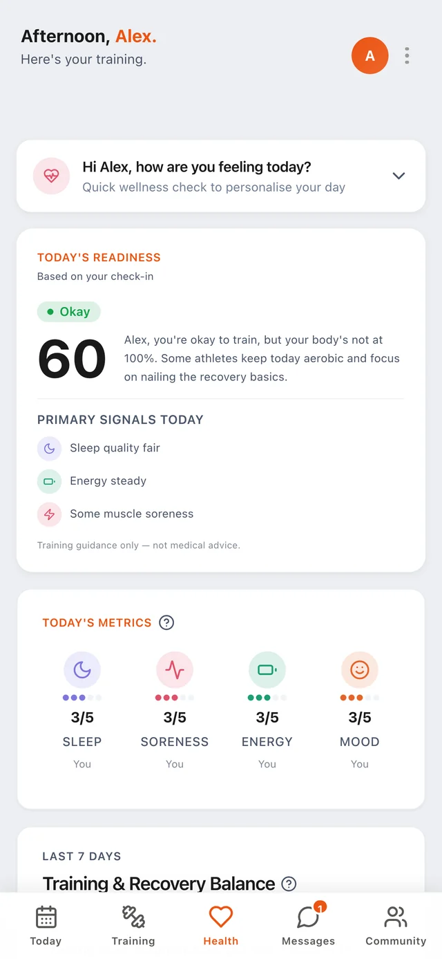 Health: a daily check-in, readiness and today's sleep, soreness, energy and mood.