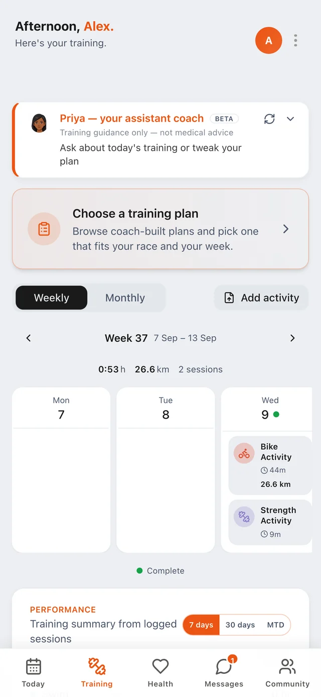 Training: the week's sessions on a calendar, with totals and a plan to choose.
