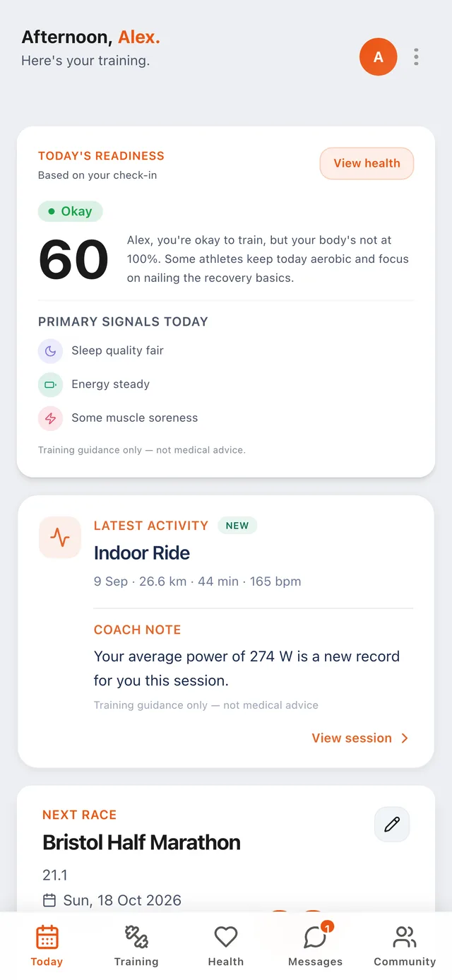 TeamMate's Today screen on a phone, with a readiness score, the latest ride and the next race.